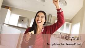  Presentation with snacks - Presentation theme with caucasian-young-woman-raising-hand background and a coral colored foreground