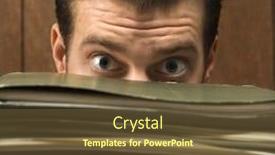  Presentation with tall - Cool new slide set with caucasion mid-adult retro businessman peering with wide eyes over a tall stack of folders backdrop and a tawny brown colored foreground