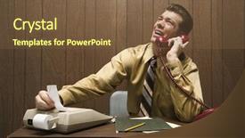  Presentation with adding machine - PPT theme enhanced with caucasion mid-adult retro businessman sitting at desk talking on telephone using adding machine background and a tawny brown colored foreground