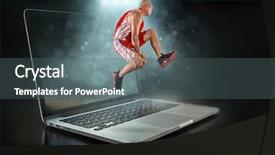  Presentation with dynamic - PPT theme consisting of caucassian basketball player in dynamic action with ball in a professional sport game play on the laptop background and a gray colored foreground