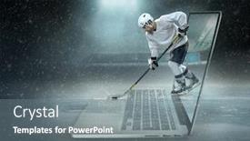  Presentation with ice hockey - Cool new slide set with caucassian ice hockey player in dynamic action in a professional sport game play on the laptop in hockey under stadium lights backdrop and a gray colored foreground