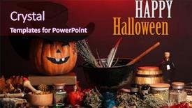  Presentation with scary halloween - Presentation design having cauldron - scary halloween laboratory in red background and a tawny brown colored foreground