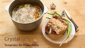  Presentation with green plate - Audience pleasing PPT theme consisting of cauldron-of-soup-and-baked backdrop and a gold colored foreground