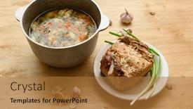  Presentation with green plate - Slides having cauldron-of-soup-and-baked background and a red colored foreground