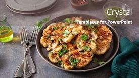  Presentation with plant based - PPT theme having cauliflower-steaks-with-herb-sauce background and a violet colored foreground
