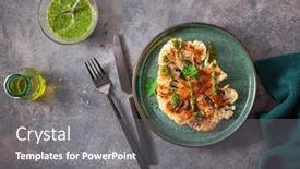  Presentation with plant based - Audience pleasing slides consisting of cauliflower-steaks-with-herb-sauce backdrop and a gray colored foreground