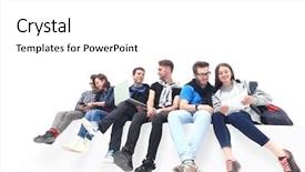  Presentation with group of people - Beautiful slide deck featuring causal group of people sitting backdrop and a white colored foreground