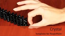  Presentation with wooden - Audience pleasing slide deck consisting of cause effect - hand pushing dominoes on wooden backdrop and a  colored foreground