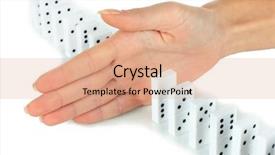  Presentation with cause - Presentation with cause effect - hand stopping dominoes falling isolated background and a coral colored foreground