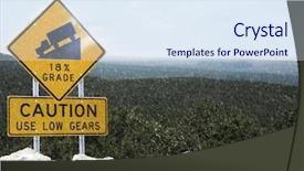  Presentation with caution - Audience pleasing presentation theme consisting of caution use low gears truck warning at mountain top during snow storm backdrop and a sky blue colored foreground