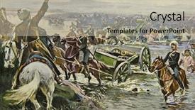  Presentation with artist - Beautiful PPT theme featuring artillery guns - cossacks in the war illustration backdrop and a mint green colored foreground