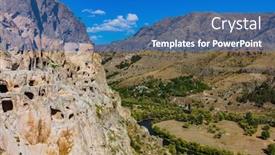  Presentation with cave - Colorful presentation design enhanced with cave-monastery-of-vardzia-landmark backdrop and a teal colored foreground