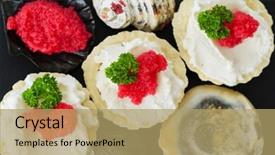 Presentation with caviar - PPT layouts enhanced with caviar - appetizer tartlets with red caviar background and a coral colored foreground