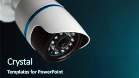  Presentation with cctv camera - Presentation design having cctv camera on blue background background and a wine colored foreground