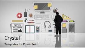  Presentation with grey - PPT theme featuring cd rom drives - businessman standing against grey vignette background and a  colored foreground