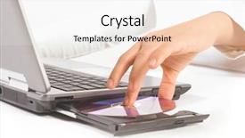  Presentation with hand saving someone - Slides consisting of cd rom drives - woman hand with cd background and a sky blue colored foreground