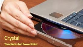  Presentation with drive thru windosw - Amazing PPT layouts having cdrom - compact disc on laptop drive backdrop and a tawny brown colored foreground