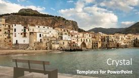  Presentation with italy - Beautiful PPT theme featuring cefalu-old-town-in-sicily backdrop and a coral colored foreground