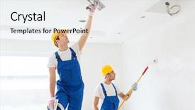  Presentation with tools - Audience pleasing PPT theme consisting of ceiling - business building teamwork and people backdrop and a sky blue colored foreground