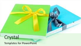  Presentation with books - Presentation design featuring celebation teacher day - books wrapped with color ribbons background and a  colored foreground