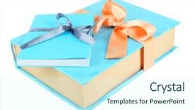  Presentation with tan book stack stacks of books - Audience pleasing presentation theme consisting of celebation teacher day - books wrapped with color ribbons backdrop and a  colored foreground