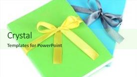  Presentation with books - Audience pleasing PPT theme consisting of celebation teacher day - books wrapped with color ribbons backdrop and a  colored foreground