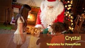  Presentation with christmas hamper gift traditional - Beautiful presentation design featuring celebrate carefull - traditional santa claus distributes gifts backdrop and a tawny brown colored foreground