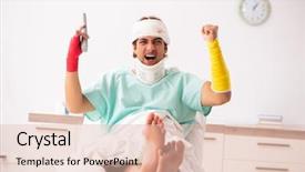  Presentation with hospital - Audience pleasing PPT theme consisting of celebrate recovery - young injured man staying backdrop and a  colored foreground