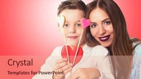  Presentation with valentines day - Audience pleasing theme consisting of happy valentines day or mother day young boy spend time with his mum and celebrate with gingerbread heart cookies on a stick on a red background backdrop and a lemonade colored foreground
