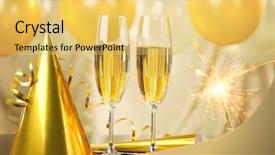  Presentation with fireworks on chinese new year - Presentation theme having celebrating balloons - glasses of champagne and fireworks background and a yellow colored foreground