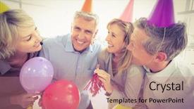 Presentation with business casual - Amazing slide deck having casual business people celebrating birthday backdrop and a coral colored foreground