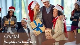  Presentation with team party - PPT theme having celebrating christmas in office happy business team in santa hat at xmas business party background and a violet colored foreground