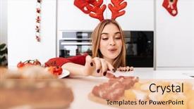  Presentation with christmas food - Beautiful slides featuring celebrating christmas wearing raindeer horns backdrop and a coral colored foreground