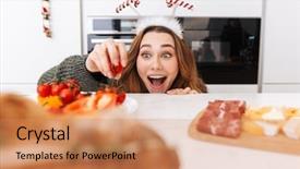  Presentation with girl christmas - Slides having celebrating christmas wearing raindeer horns background and a coral colored foreground