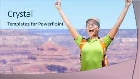  Presentation with grand canyon - Cool new PPT theme with celebrating happy hiker woman grand canyon cheering with arms raised up in winning gesture enjoying the beautiful landscape hiking girl wearing backpack during summer in arizona united states backdrop and a sky blue colored foreground