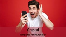  Presentation with young man on the phone - Audience pleasing presentation theme consisting of celebrating isolated over red backdrop and a crimson colored foreground