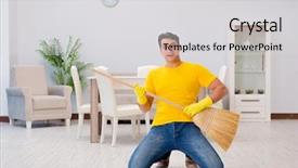  Presentation with virtual - Presentation design featuring celebrating men - funny man playing virtual guitar background and a light gray colored foreground