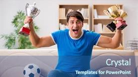  Presentation with man watching woman preparing vegetables - Presentation theme with celebrating men - man watching football at home background and a ocean colored foreground