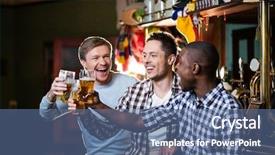  Presentation with pub - Presentation theme having celebrating men - smiling man with beer background and a ocean colored foreground