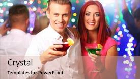  Presentation with dancing - Beautiful slide deck featuring celebrating men - young people dancing at party backdrop and a coral colored foreground