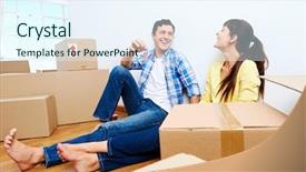  Presentation with married couple - Slide set with celebrating new home handing key background and a sky blue colored foreground