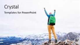  Presentation with mountain climb - Theme featuring celebrating successful climb to top background and a sky blue colored foreground