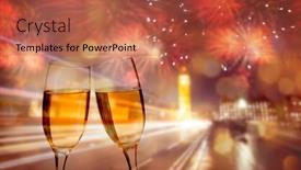  Presentation with london - Colorful presentation design enhanced with celebrating the new year in london with champagne and fireworks backdrop and a red colored foreground