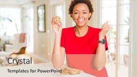  Presentation with proud american - PPT layouts having woman eating chocolate chips cookie background and a lemonade colored foreground