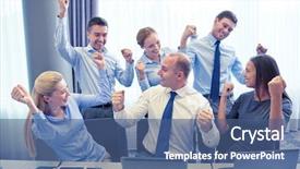  Presentation with team party - Amazing slides having celebrating victory in office backdrop and a ocean colored foreground