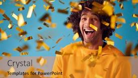  Presentation with prize - Beautiful PPT theme featuring celebrating-young-man-with-mobile backdrop and a gold colored foreground