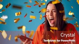  Presentation with prize - Presentation design consisting of celebrating-young-woman-with-mobile background and a crimson colored foreground