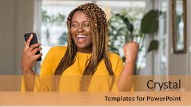  Presentation with proud american - Amazing PPT layouts having celebration - african american woman using smartphone backdrop and a gold colored foreground