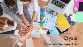  Presentation with team celebration - Slide deck with success celebration - business team with hands together background and a coral colored foreground