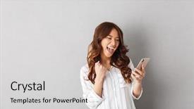  Presentation with gray - Beautiful PPT theme featuring celebration - cheerful asian woman standing isolated backdrop and a light gray colored foreground